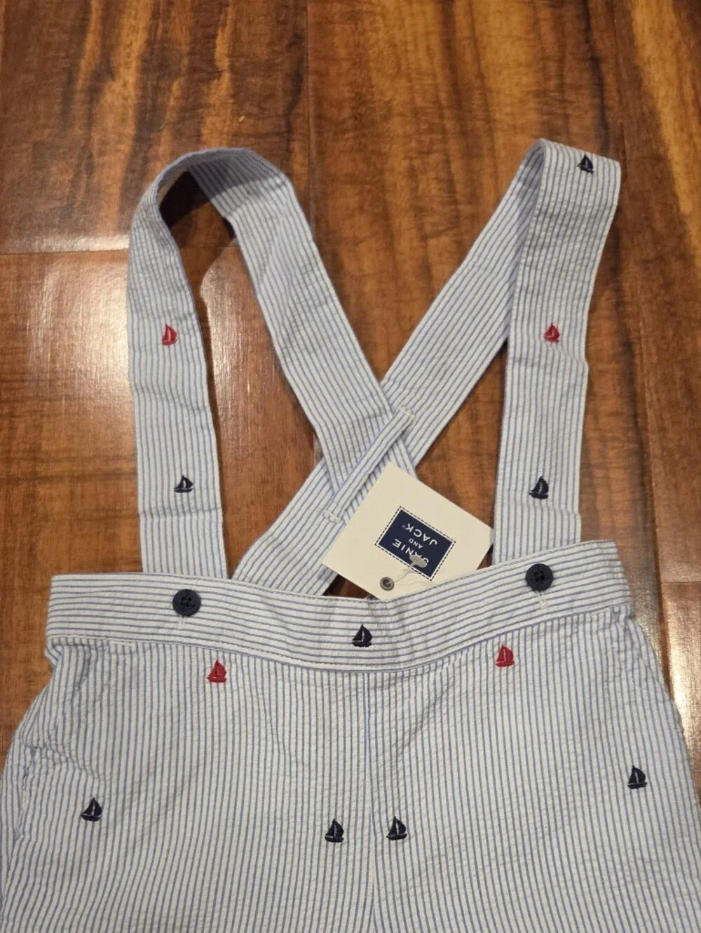 Janie and Jack NWT 6-12 Months Navy Seersucker Sailboat Suspender Shortalls